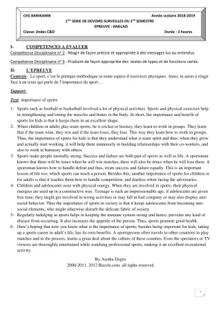 Première page de Anglais 2nde C, 2nde D — Devoir surveillé, 2e semestre (2018-2019) · CEG Banikanni