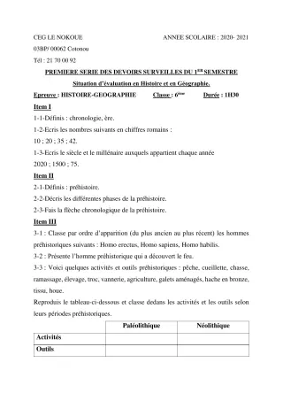 Première page de Histoire-Géographie 6e — 1er devoir surveillé, 1er semestre (2020-2021) · CEG LE NOKOUE