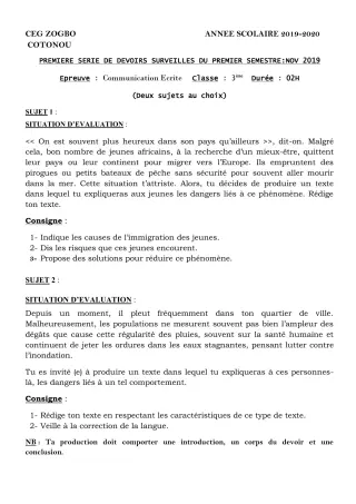 Première page de Français 3e, 3e ML — 1er devoir surveillé, 1er semestre (2019-2020) · CEG ZOGBO