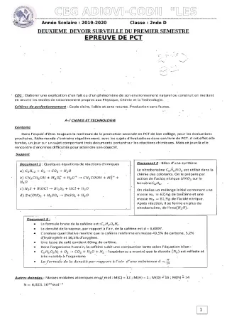 Première page de PCT 2nde D — 2e devoir surveillé, 1er semestre (2019-2020) · CEG ADJOVICODJI 'LES OLIVIERS'