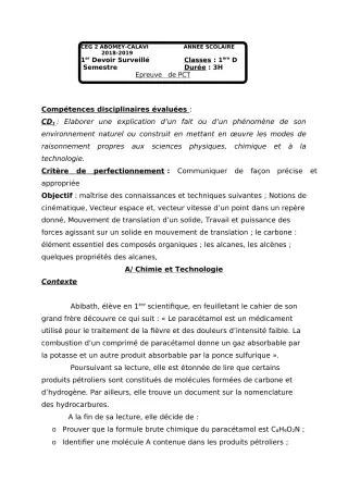 Première page de PCT 1ère C, 1ère D — 1er devoir surveillé (2018-2019) · CEG2 ABOMEY - CALAVI (CEG ZOCA)