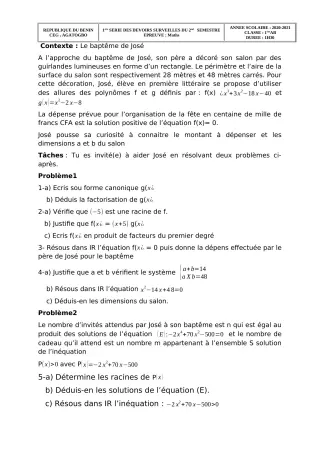 Première page de Mathématiques 1ère A2, 1ère B — 1er devoir surveillé, 2e semestre (2020-2021) · CEG 1 Agatogbo