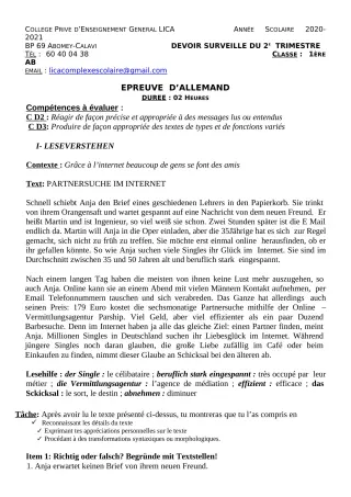 Première page de Allemand 1ère A2, 1ère B — 1er devoir surveillé, 2e trimestre (2020-2021) · CPEG LICA