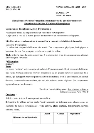 Première page de Histoire-Géographie 6e — 2e évaluation sommative, 1er semestre (2018-2019) · CEG ADJAGBO