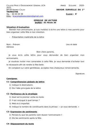 Première page de Français 6e — Devoir surveillé, 1er trimestre (2020-2021) · CPEG LICA