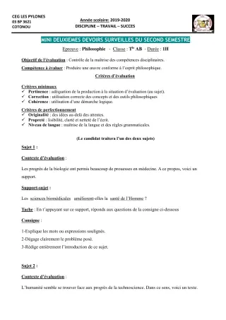 Première page de Philosophie 2nde A & B, 2nde A1, 2nde A2, 2nde B, 2nde C, 2nde D, 1ère A1, 1ère A2, 1ère B, 1ère C, 1ère D, Tle A1, Tle A2, Tle B, Tle C, Tle D — Devoir surveillé, 2e semestre (2019-2020) · CEG Les Py
