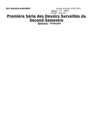 Première page de Français 1ère A, 1ère B, 1ère C, 1ère D — 1er devoir surveillé, 2e semestre (2020-2021) · CEG Agassa Godomey