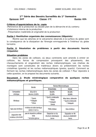 Première page de SVT 1ère C — 1er devoir surveillé, 1er semestre (2022-2023) · CEG ZONGO