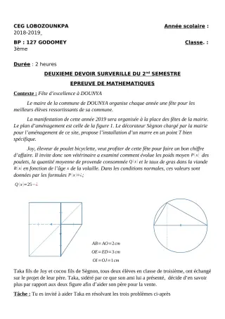 Première page de Mathématiques 3e, 3e ML — 2e devoir surveillé, 2e semestre (2018-2019) · CEG Lobozounkpa
