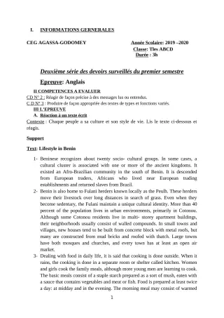 Première page de Anglais Tle A1, Tle A2, Tle B, Tle C — 2e devoir surveillé, 1er semestre (2019-2020) · CEG Agassa Godomey
