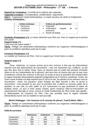 Première page de Philosophie 1ère A1, 1ère A2, 1ère B — Devoir surveillé (2019-2020) · CPEG Roger LAFIA
