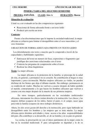 Première page de Espagnol 1ère A2 — 2020-2021 · CEG SEKERE
