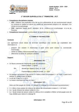 Première page de PCT Tle C — 1er devoir surveillé, 1er trimestre (2019-2020) · CPEG LE PHARAON