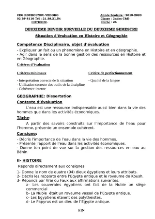 Première page de Histoire-Géographie 2nde C, 2nde D — 2e devoir surveillé, 2e semestre (2019-2020) · CEG Kouhounou-Vêdoko