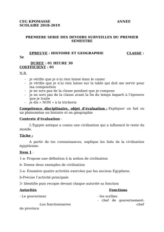 Première page de Histoire-Géographie 5e — 1er devoir surveillé, 1er semestre (2018-2019) · CEG Kpomassè