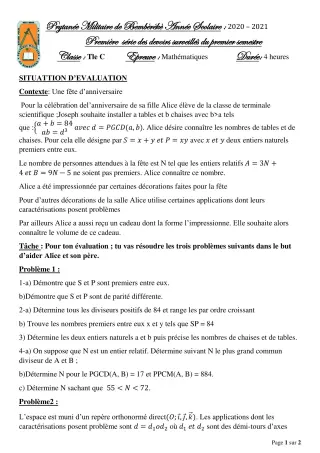 Première page de Mathématiques Tle C — 1er devoir surveillé, 1er semestre (2020-2021) · PMB