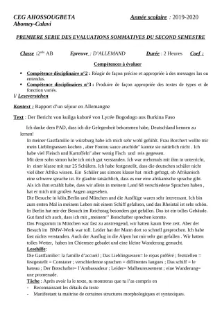 Première page de Allemand 2nde A & B — 1re évaluation sommative, 2e semestre (2019-2020) · CEG Ahossougbéta