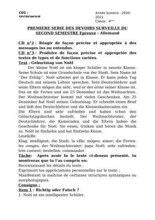 Première page de Allemand 4e ML, 3e ML, 2nde A & B, 1ère A & B, Tle A & B — 1er devoir surveillé, 2e semestre (2020-2021) · CEG SEGBOHOUE