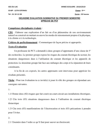 Première page de PCT 5e — 2e évaluation sommative, 1er semestre (2018-2019) · CEG du Lac