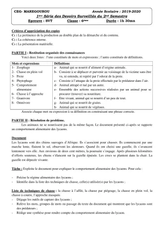 Première page de SVT 6e — 1er devoir surveillé, 2e semestre (2019-2020) · CEG MAREGOUROU