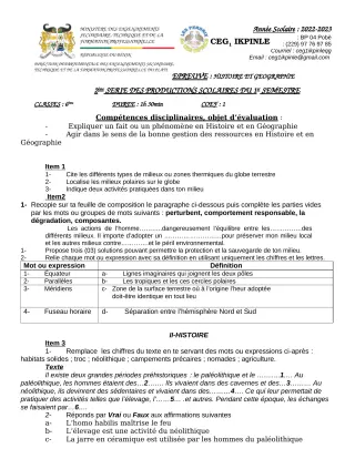 Première page de Histoire-Géographie 6e — 2e production scolaire, 1er semestre (2022-2023) · CEG1 Ikpinlè