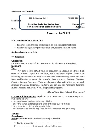 Première page de Anglais 5e — 1re évaluation sommative, 2e semestre (2022-2023) · CEG2 ABOMEY - CALAVI (CEG ZOCA)