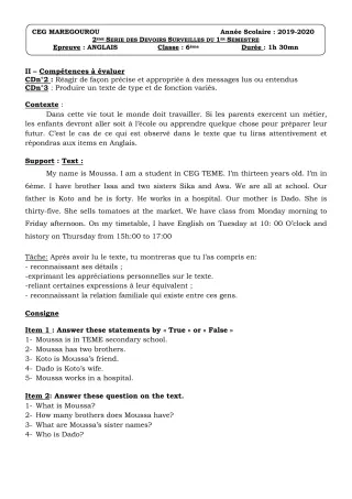 Première page de Anglais 6e — 2e devoir surveillé, 1er semestre (2019-2020) · CEG MAREGOUROU