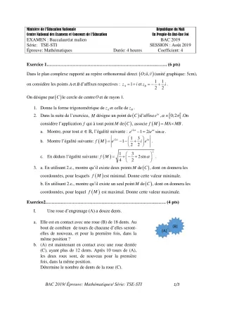Première page de Épreuve BAC 2019 mathématiques série tse STI Mali