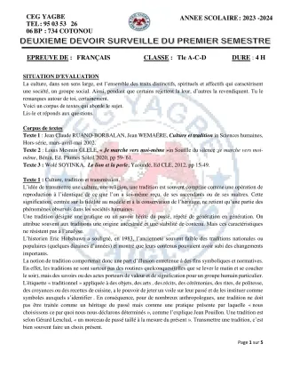 Première page de Français Tle A2, Tle C, Tle D — 2e devoir surveillé, 1er semestre (2023-2024) · CEG Yagbe