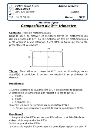 Première page de Mathématiques 6e, 1ère A2, 1ère B — Composition, 3e trimestre (2023-2024) · CPEG SAINT Justin