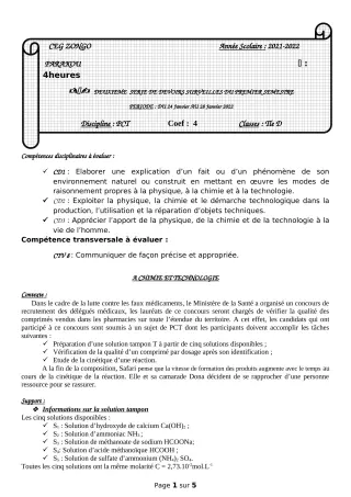 Première page de PCT Tle D — 2e devoir surveillé, 1er semestre (2021-2022) · CEG ZONGO