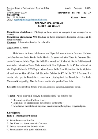 Première page de Allemand 4e ML — Composition, 1er trimestre (2019-2020) · CPEG LICA