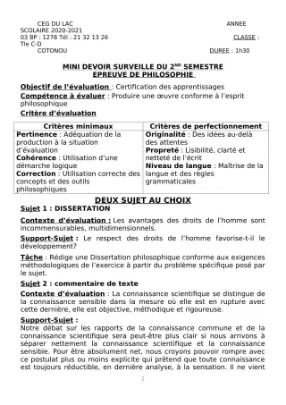 Première page de Philosophie Tle C, Tle D — 1er devoir surveillé, 2e semestre (2020-2021) · CEG du Lac