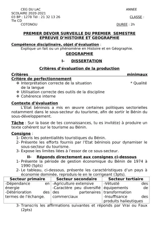Première page de Histoire-Géographie Tle C, Tle D — 1er devoir surveillé, 1er semestre (2020-2021) · CEG du Lac