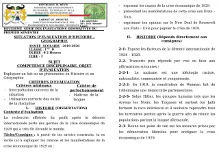 Première page de Histoire-Géographie 1ère D — 2e évaluation sommative, 1er semestre (2019-2020) · CEG GBESSOU