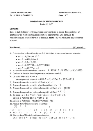 Première page de Mathématiques 6e, 5e, 4e, 3e, 3e ML, 2nde B, 2nde D — Devoir surveillé (2020-2021) · CEPG La Prunelle de Dieu