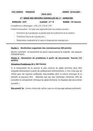 Première page de SVT 1ère D — 1er devoir surveillé, 1er semestre (2020-2021) · CEG ZONGO