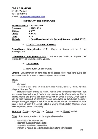 Première page de Anglais 5e — 2e devoir surveillé, 2e semestre (2019-2020) · CEG Le Plateau