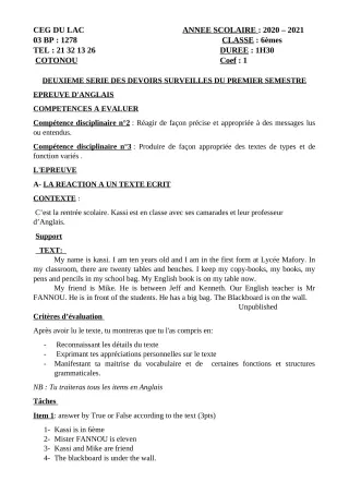 Première page de Anglais 6e — 2e devoir surveillé, 1er semestre (2020-2021) · CEG du Lac