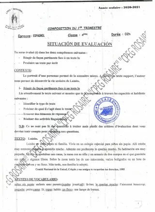 Première page de Espagnol 4e — Composition, 1er trimestre (2020-2021) · CPEG ROSAIRE
