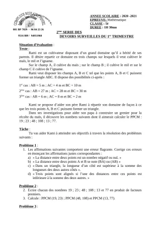 Première page de Mathématiques 5e — 2e devoir surveillé, 1er trimestre (2020-2021) · CPEG PENIEL