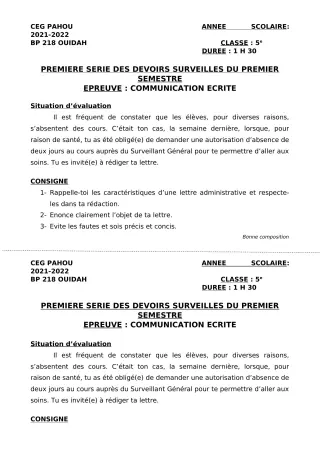 Première page de Français 5e — 1er devoir surveillé, 1er semestre (2021-2022) · CEG PAHOU
