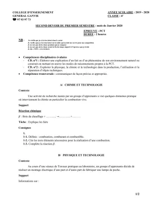 Première page de PCT 6e — Composition, 1er semestre (2019-2020) · CEG Ganvié