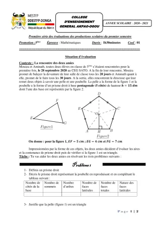 Première page de Mathématiques 5e — Production scolaire, 1er semestre (2020-2021) · CEG Akpao-Ogou