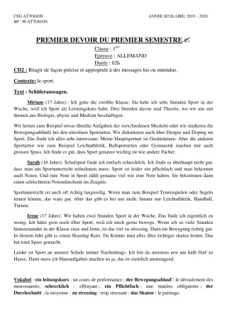 Première page de Allemand 1ère A & B, 1ère A1, 1ère A2, 1ère B — 1er devoir surveillé, 1er semestre (2019-2020) · CEG Attogon