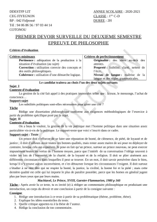 Première page de Philosophie 1ère C, 1ère D — 1er devoir surveillé, 2e semestre (2020-2021) · CEG FIYEGNON