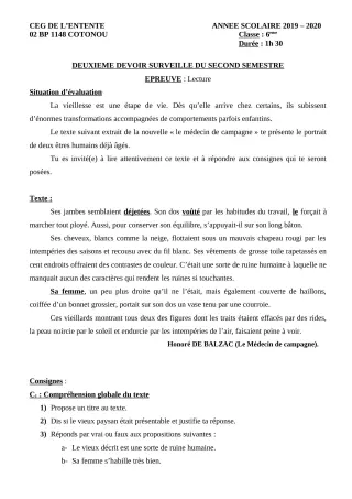 Première page de Français 6e — 2e devoir surveillé, 2e semestre (2019-2020) · CEG L'Entente