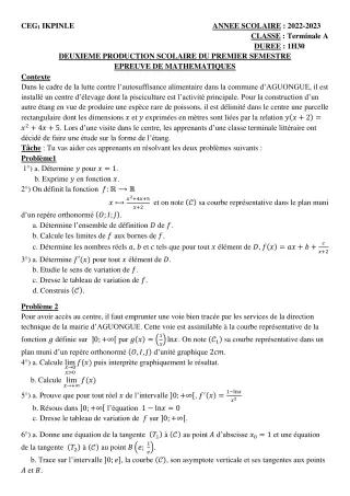 Première page de Mathématiques Tle A1, Tle A2 — 2e production scolaire, 1er semestre (2022-2023) · CEG1 Ikpinlè