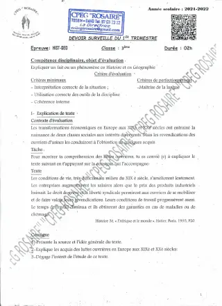 Première page de Histoire-Géographie 3e, 3e ML — Devoir surveillé, 1er trimestre (2021-2022) · CPEG ROSAIRE