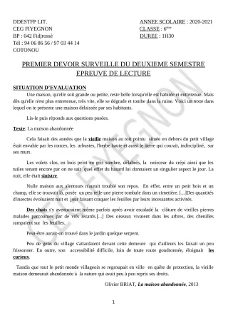 Première page de Français 6e — 1er devoir surveillé, 2e semestre (2020-2021) · CEG FIYEGNON